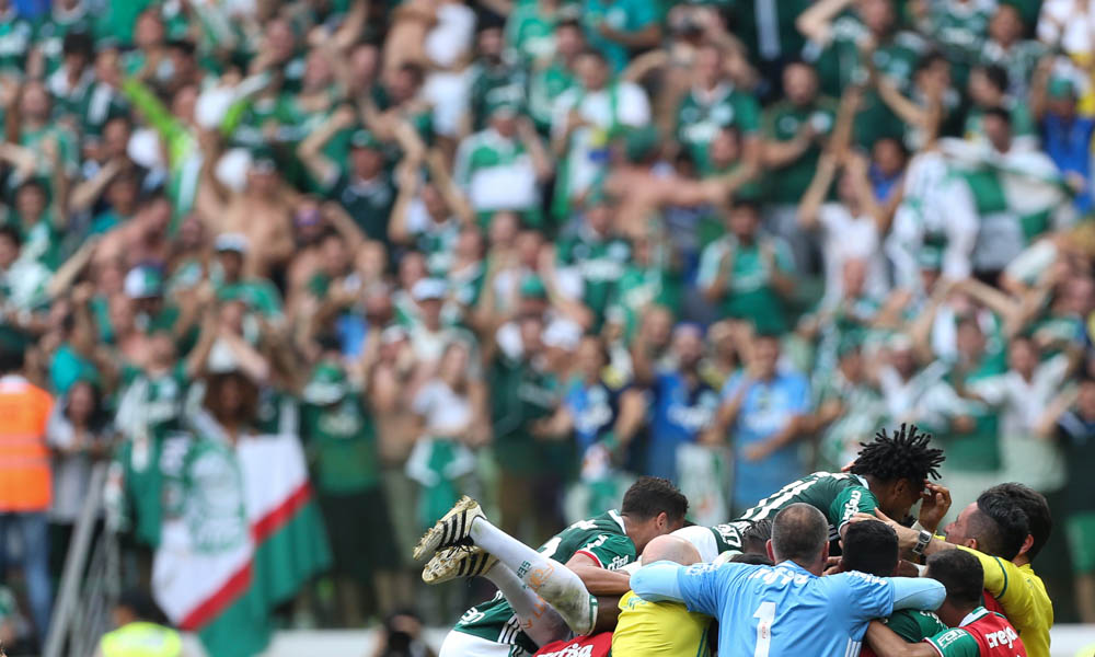 O jogador Fabiano, da SE Palmeiras, comemora o seu gol contra a equipe da Chapecoense