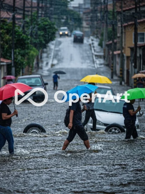 Fotojornalismo de rua alagada com pedestres usando guarda-chuva durante chuva forte na Baixada Fluminense, Rio de Janeiro