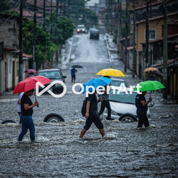 Fotojornalismo de rua alagada com pedestres usando guarda-chuva durante chuva forte na Baixada Fluminense, Rio de Janeiro