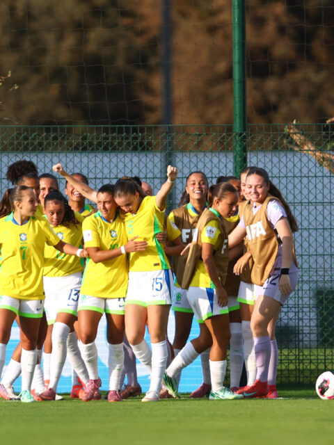 Jogadoras da seleção brasileira na vitória por 6 a 2 sobre o Canadá na Copa do Mundo Feminina Sub-17, no Marrocos